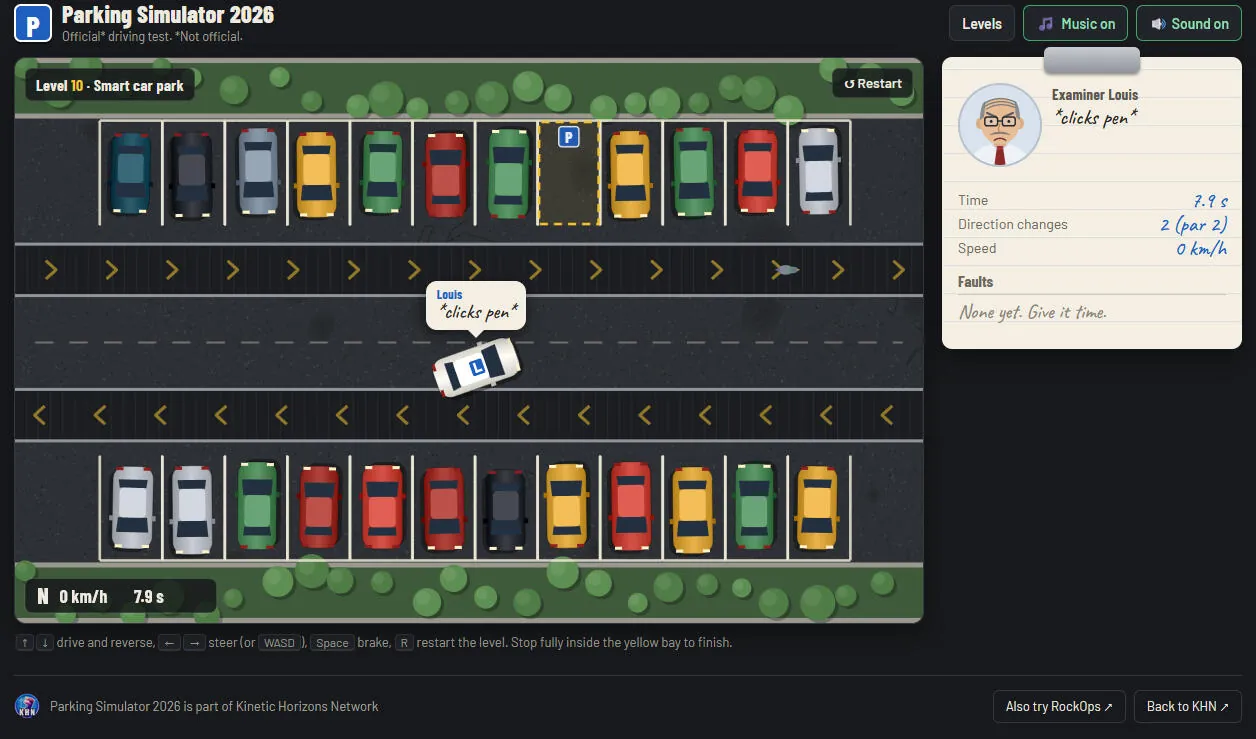 Weird Parking Simulator: a top-down car park with rows of parked cars