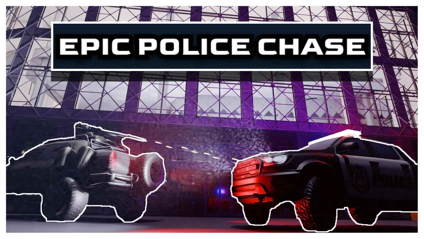 Epic Police Chase: a police car chasing a black sports car past a glass office building