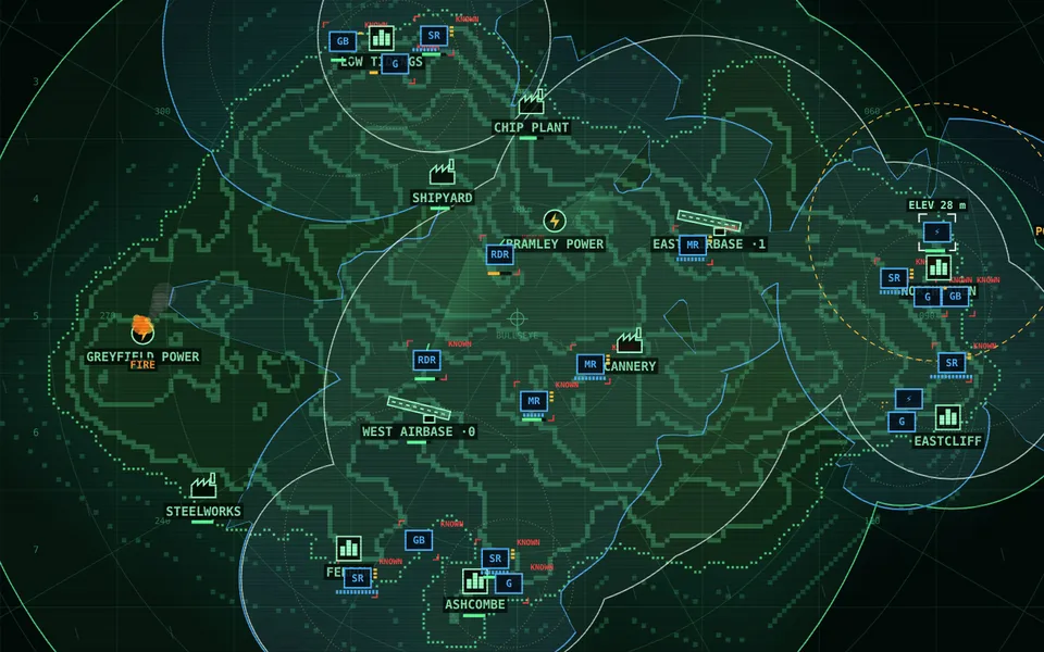 Island Shield: a green radar map of an island with radar and missile sites