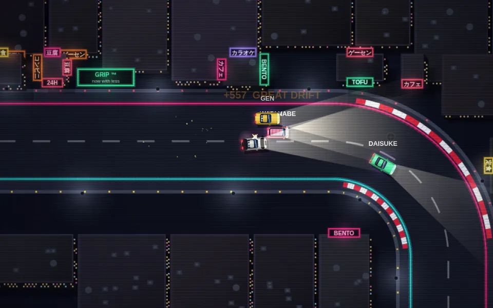 Sideways Tokyo: small cars drifting into a corner on a neon-lit Tokyo street at night