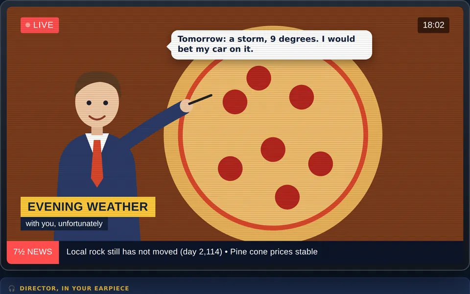 Weather Forecaster: a TV presenter pointing at a pizza on the green screen