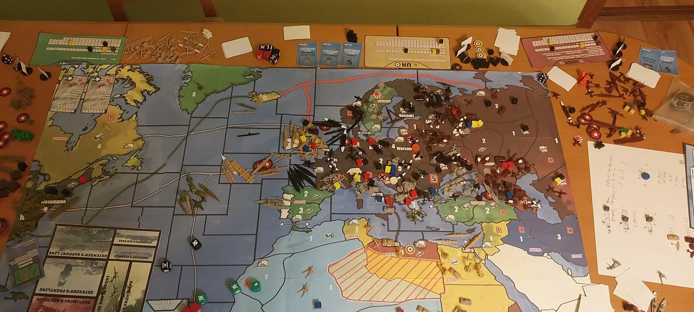 The Iron Eclipse 1941 prototype board covered in units, cards and markers