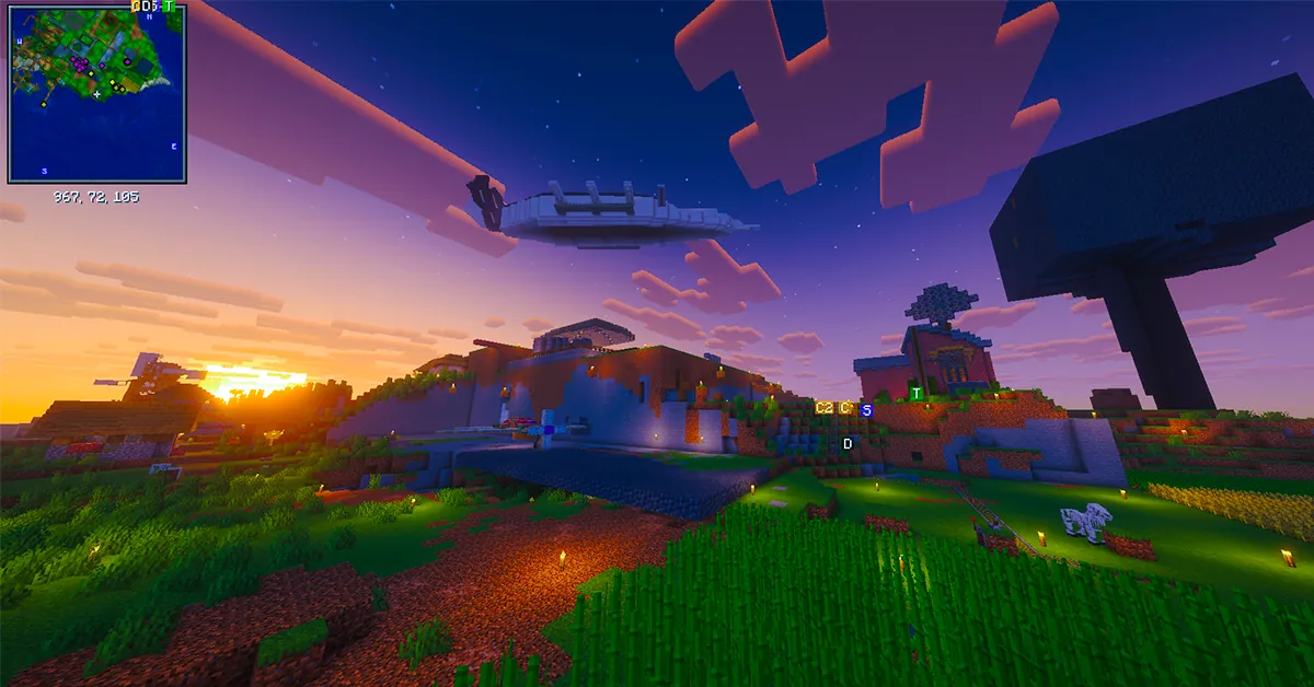 An airship crossing the sky at dusk over a base built into a hill