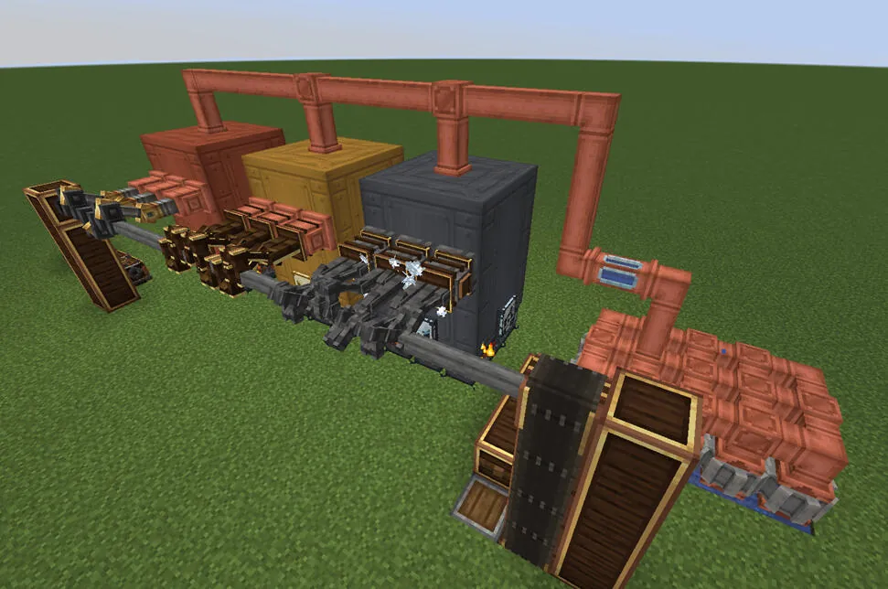 Pipes and engines connected on a grass field